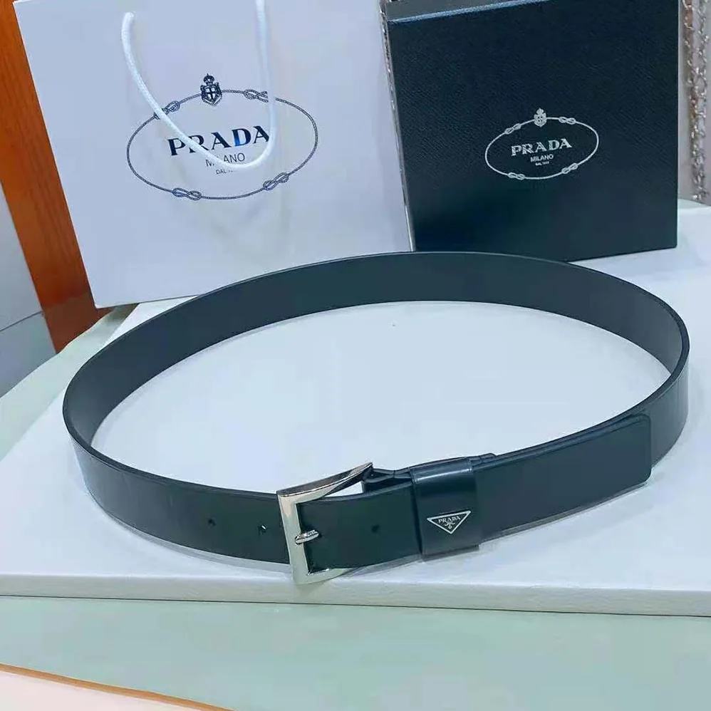 Prada Brushed Leather Belt with Enameled Metal Triangle Logo for Women