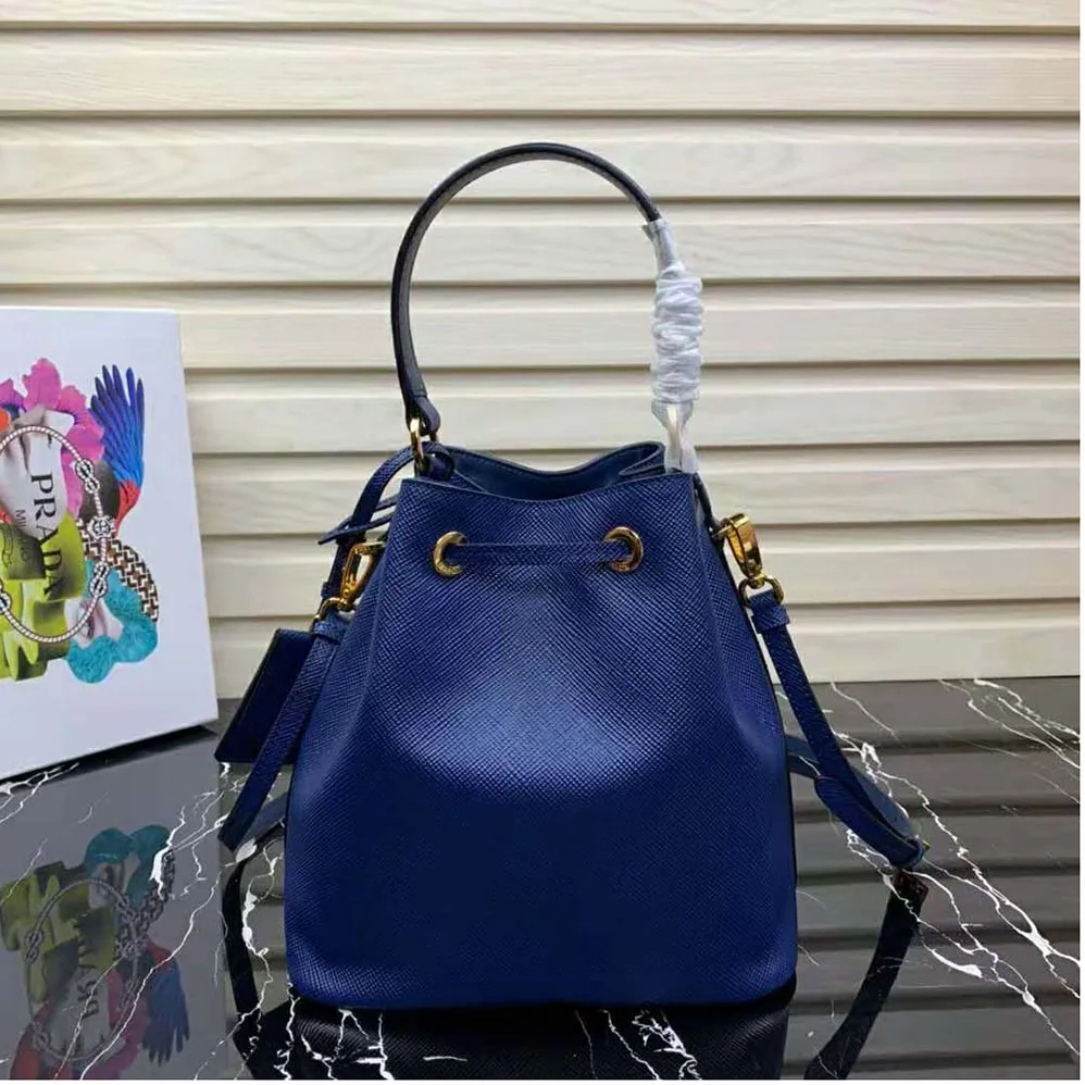 Prada Saffiano Leather Bucket Bag for Women in Navy