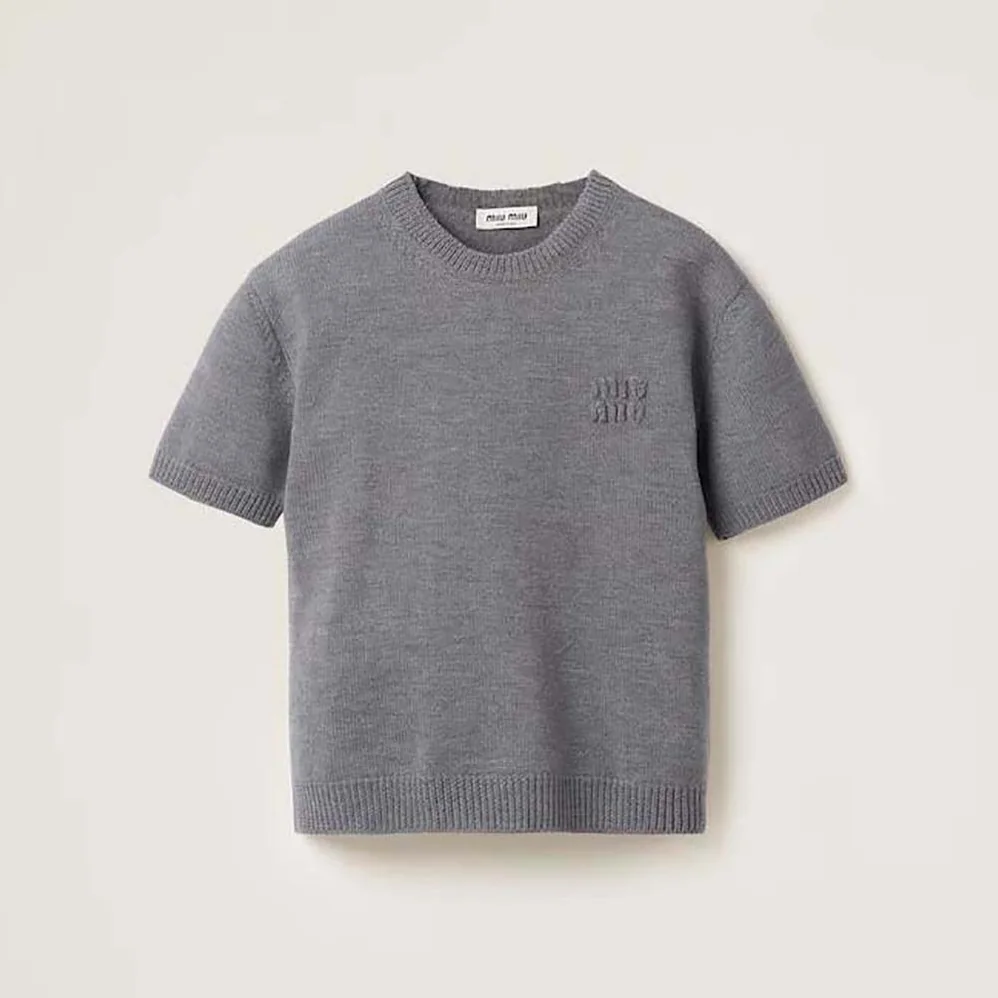 Miu Miu Wool and Nylon Sweater with Embroidered Logo for Women Miu Miu Wool and Nylon Sweater with Embroidered Logo for Women