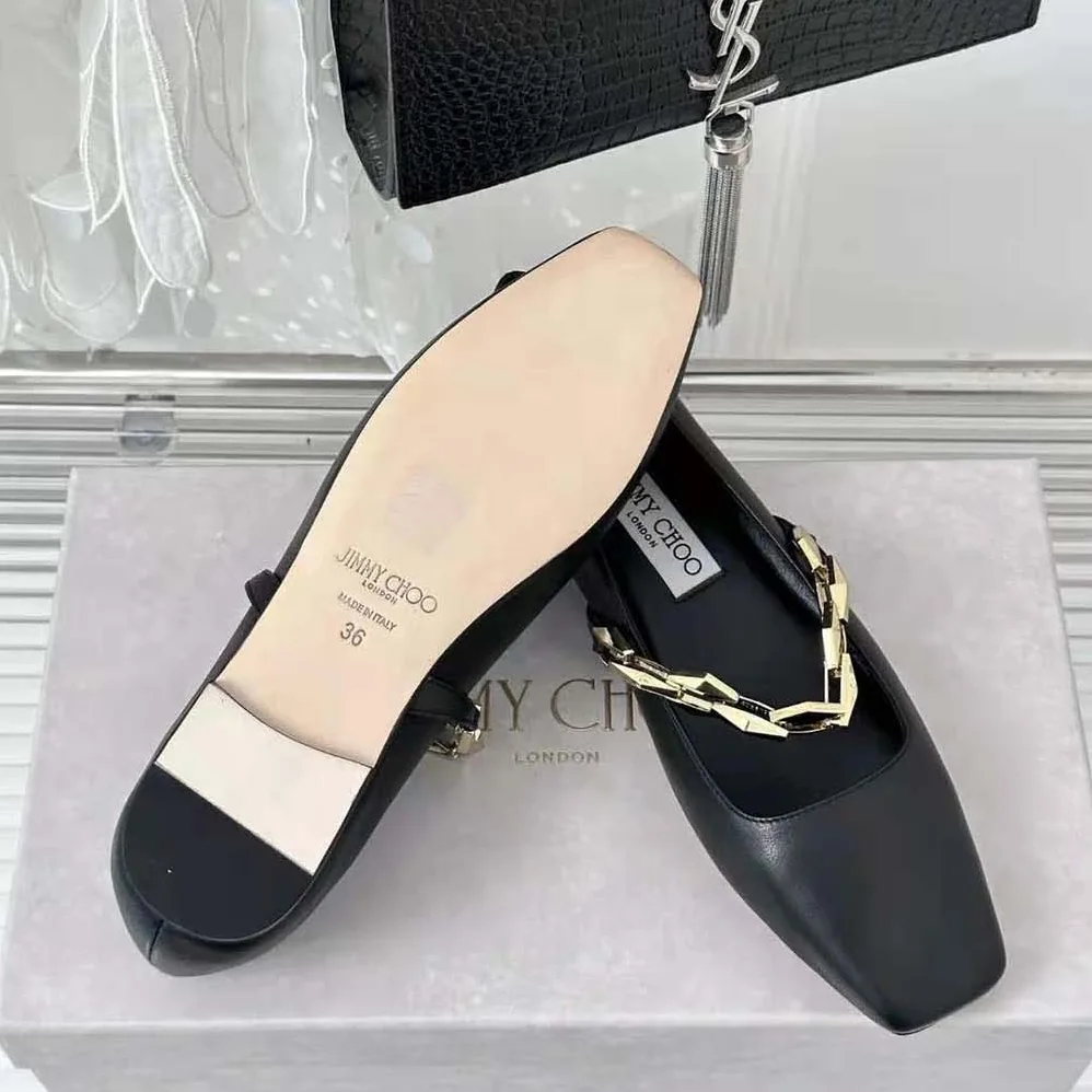 Jimmy Choo Diamond Tilda Flat Black Nappa Leather Flats with Chain for Women in Black Jimmy Choo Diamond Tilda Flat Black Nappa Leather Flats with Chain for Women in Black