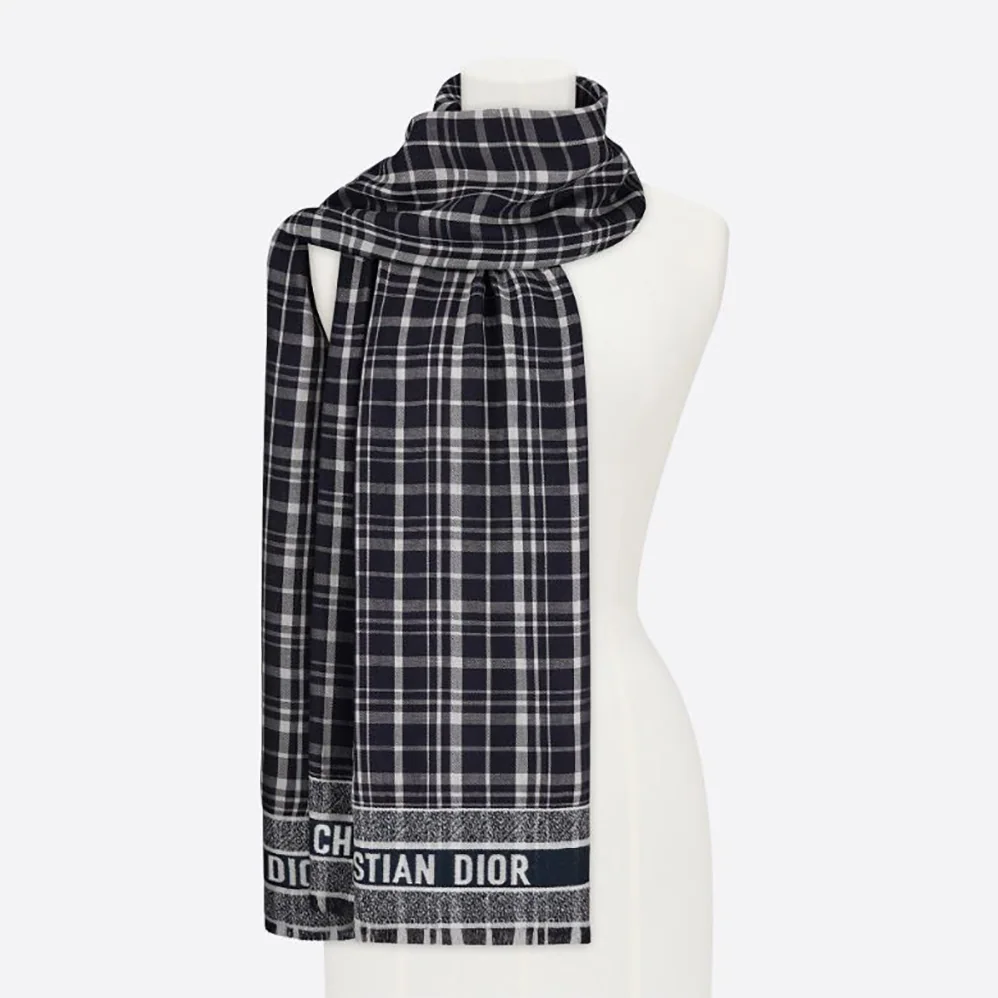 Dior Checkndior Pop Stole Navy Blue Cashmere Silk and Cotton for Women