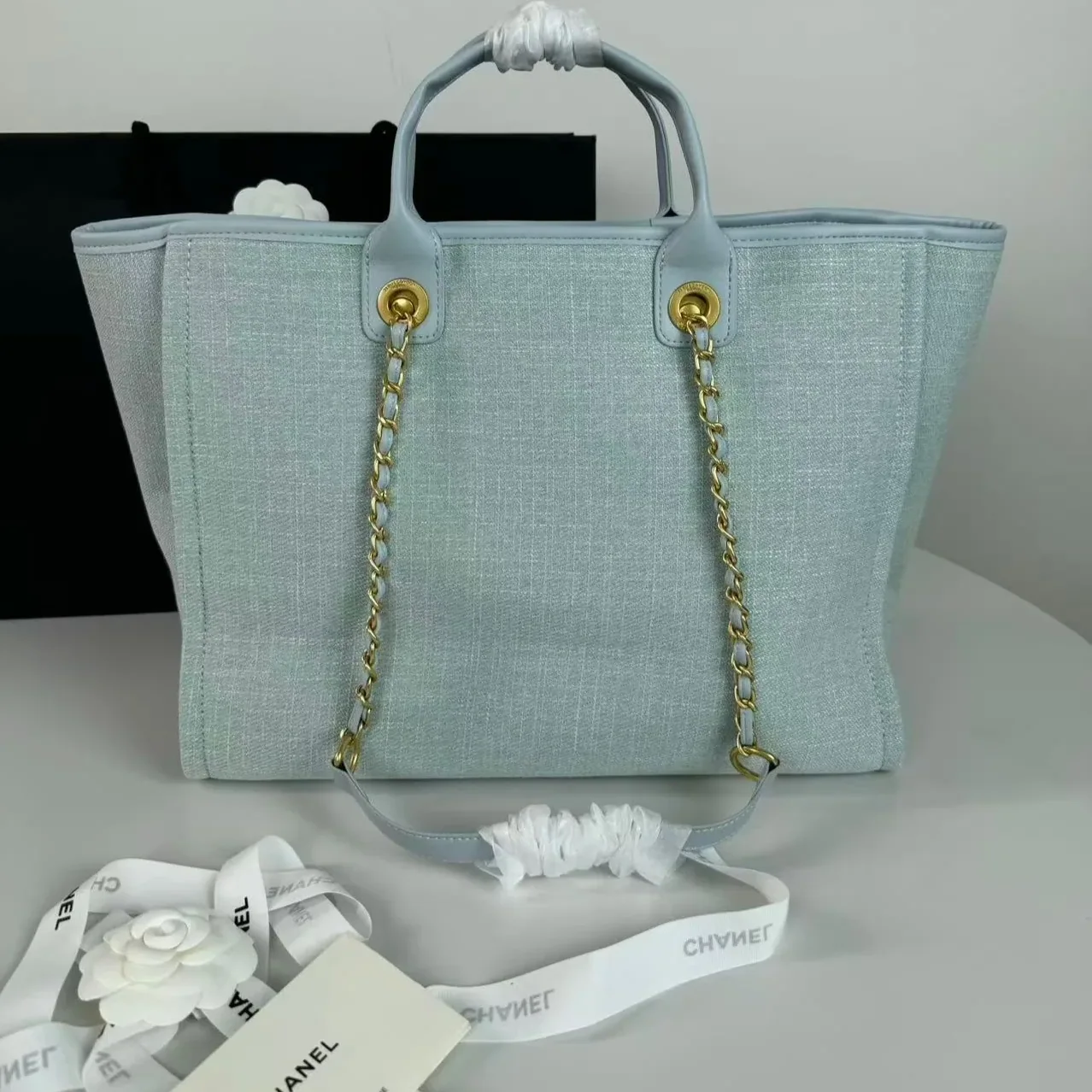 Chanel Deauville Small Tote Bag in Light Blue Gold Hardware Chanel Deauville Small Tote Bag in Light Blue Gold Hardware