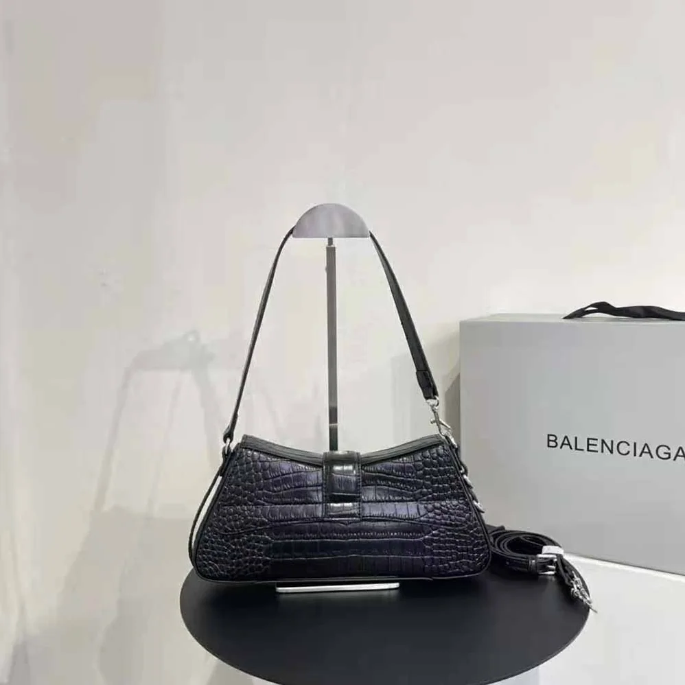 Balenciaga Lindsay Small Shoulder Bag with Strap Crocodile Embossed for Women in Black