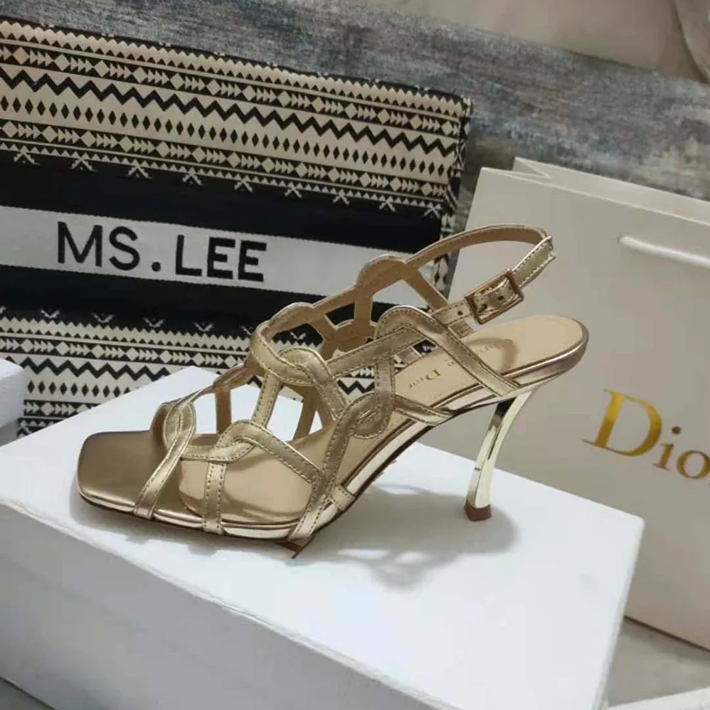 Dior D-Fame Heeled Sandal Gold for Women in Tone Laminated Lambskin