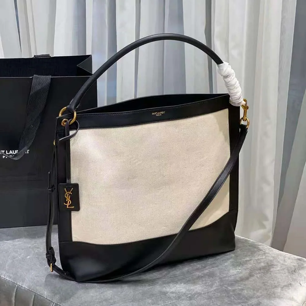 Saint Laurent YSL Tag Hobo Bag in Canvas and Leather for Women Saint Laurent YSL Tag Hobo Bag in Canvas and Leather for Women