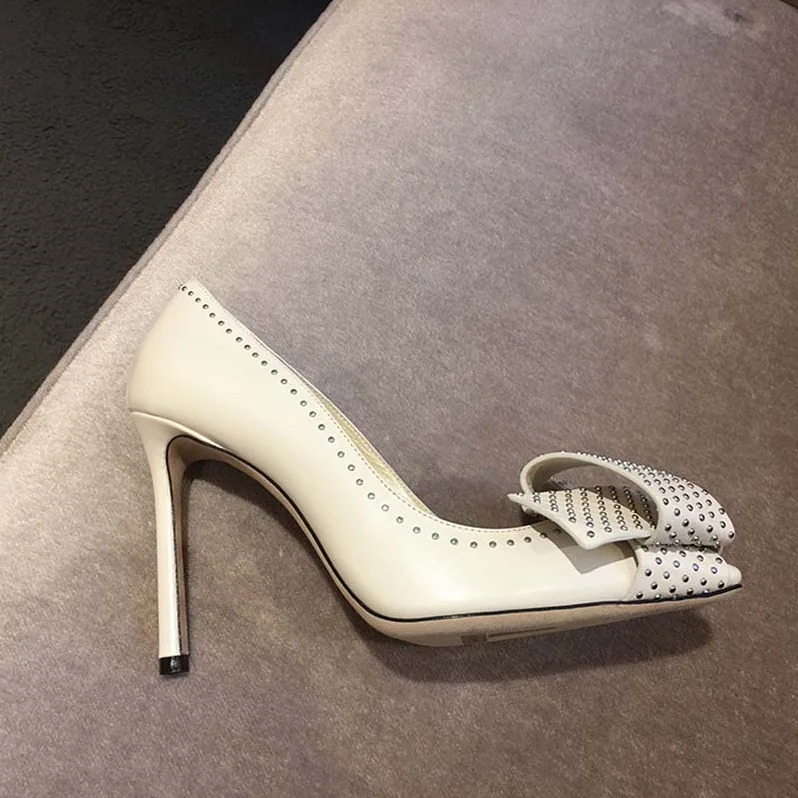 Jimmy Choo Tegan 100 Kid Leather with Studded Bow Detailing Shoes White for Women Jimmy Choo Tegan 100 Kid Leather with Studded Bow Detailing Shoes White for Women