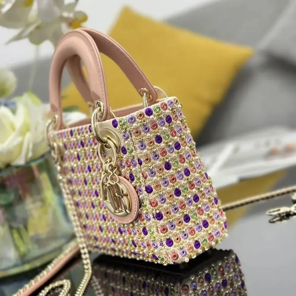 Dior Lady Dior Bag Metallic Calfskin and Satin with Celestial Pink Bead Embroidery for Women Dior Lady Dior Bag Metallic Calfskin and Satin with Celestial Pink Bead Embroidery for Women