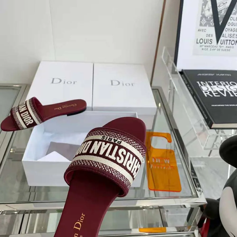 Dior Dway Slide Burgundy Embroidered Cotton for Women