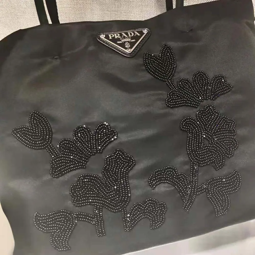 Prada Embroidered Nylon in Leather Handbag for Women in Black Prada Embroidered Nylon in Leather Handbag for Women in Black