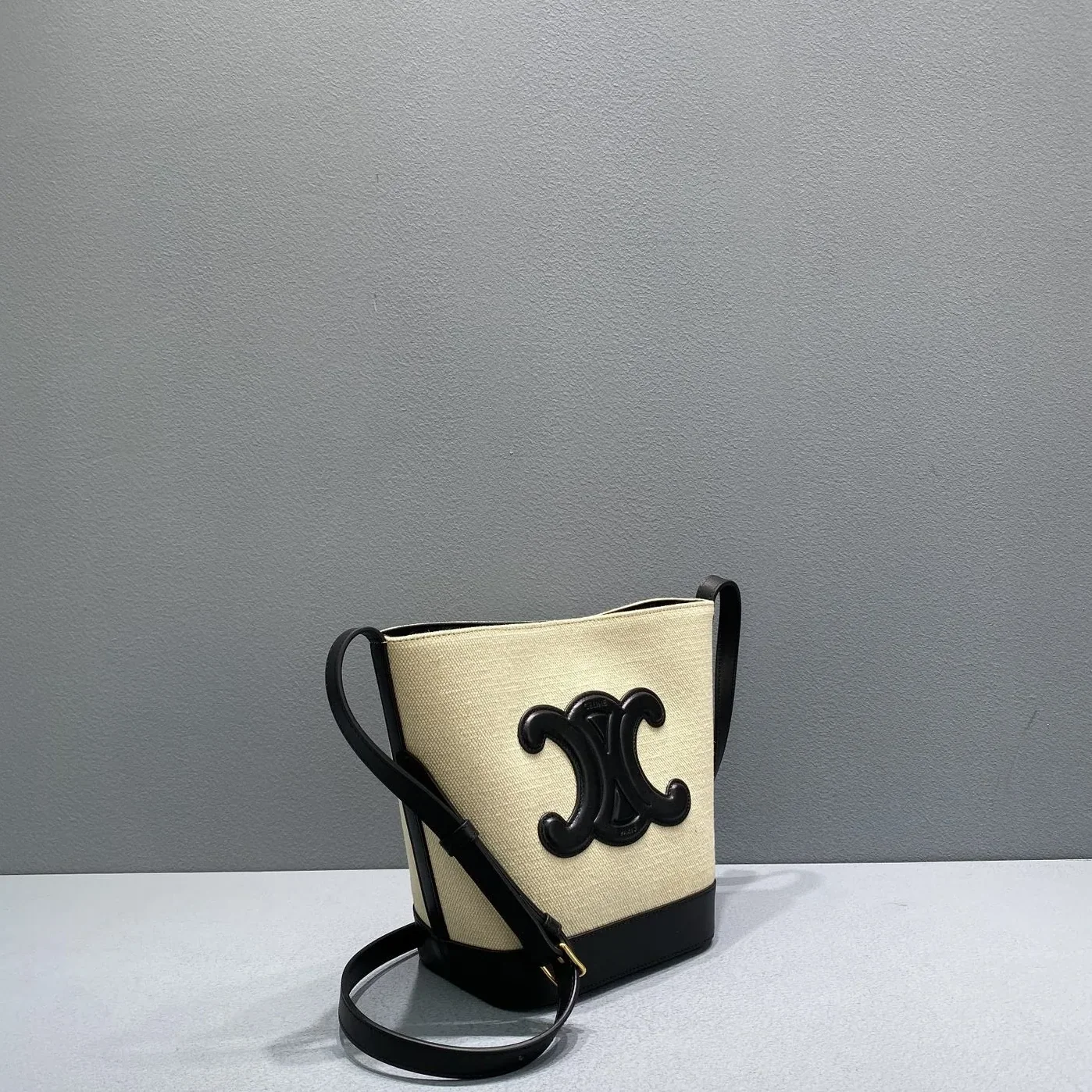 Celine Small Bucket Cuir Triomphe In Textile Beige in Black / Celine Small Bucket Cuir Triomphe In Textile Beige in Black /