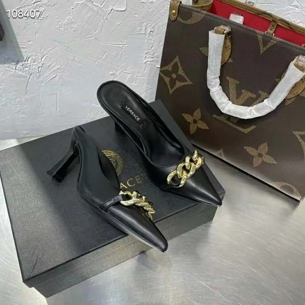 Versace Medusa Chain Nappa Leather Mules for Women in Black Versace Medusa Chain Nappa Leather Mules for Women in Black