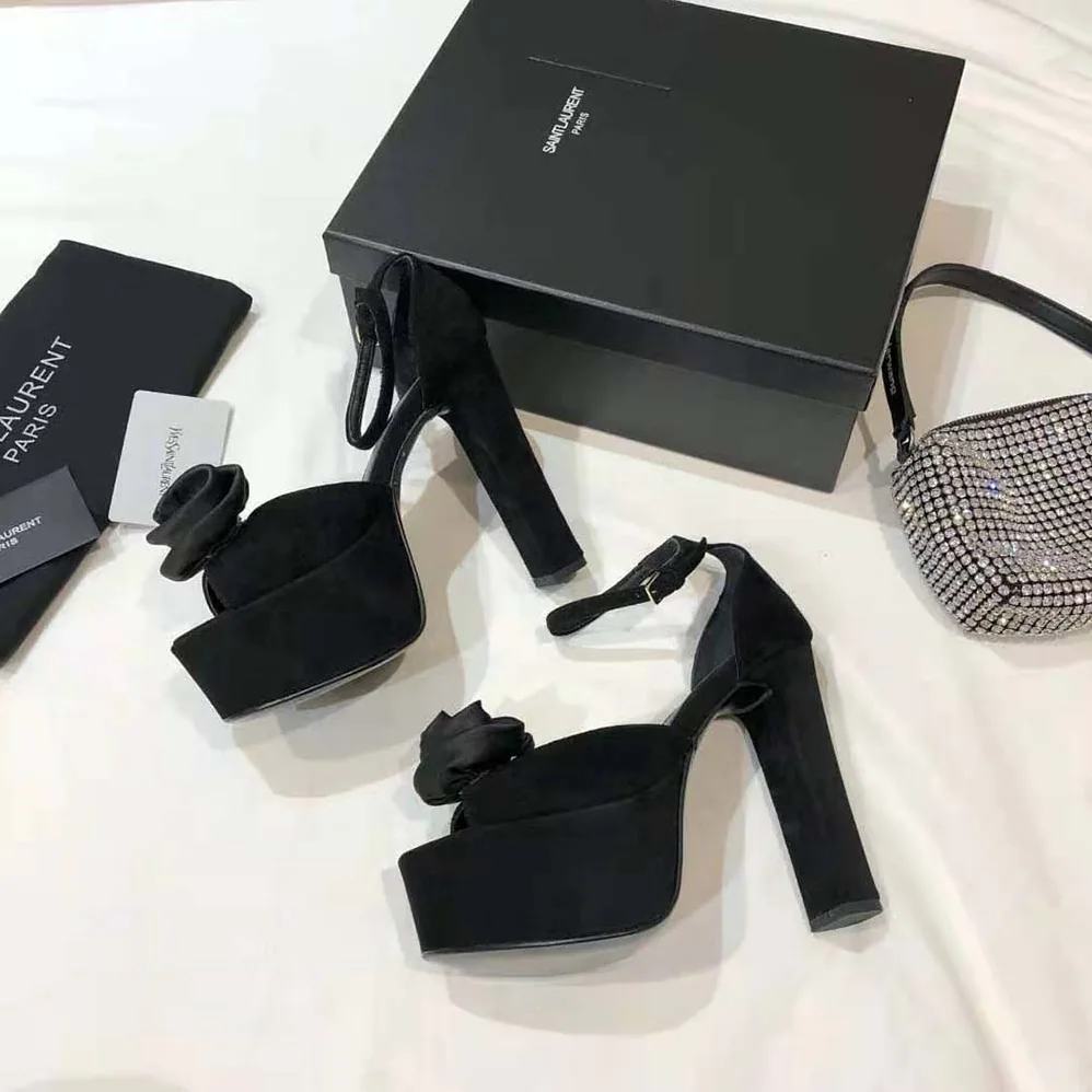 Saint Laurent YSL Jodie Platform Sandals in Suede with Silk Satin Flower for Women in Black Saint Laurent YSL Jodie Platform Sandals in Suede with Silk Satin Flower for Women in Black
