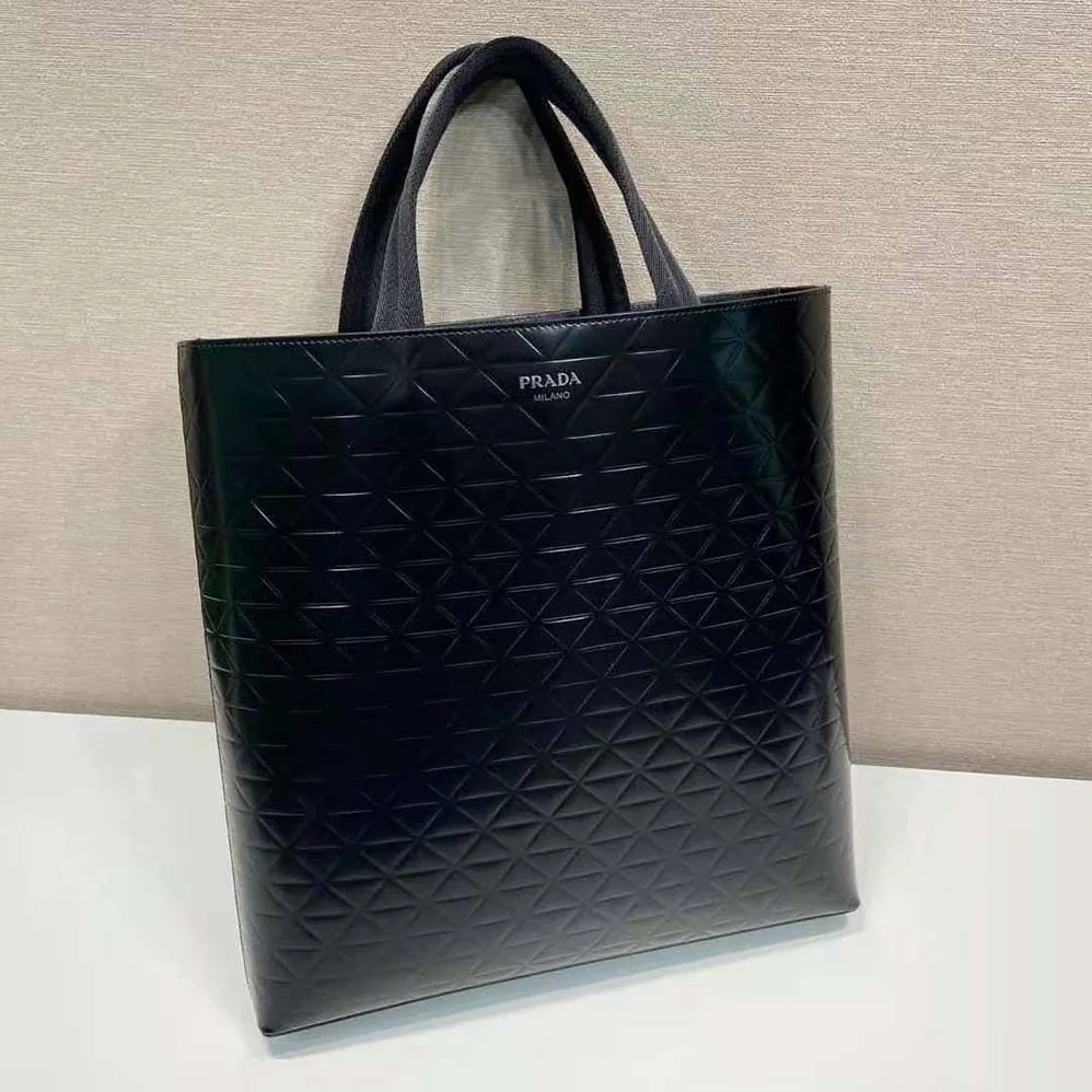 Prada Brushed Leather Tote Bag with Water Bottle for Men in Black