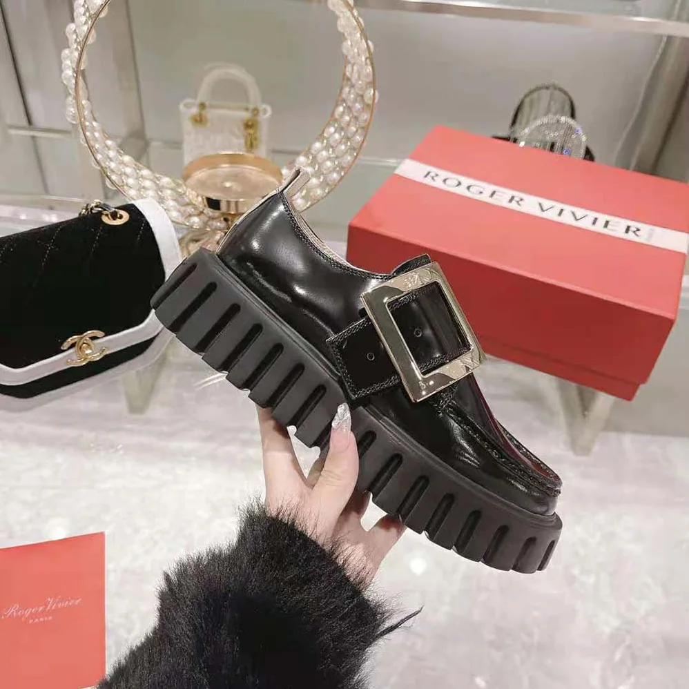 Roger Vivier Viv Go-Thick Metal Buckle Loafers in Patent Leather for Women in Black Roger Vivier Viv Go-Thick Metal Buckle Loafers in Patent Leather for Women in Black