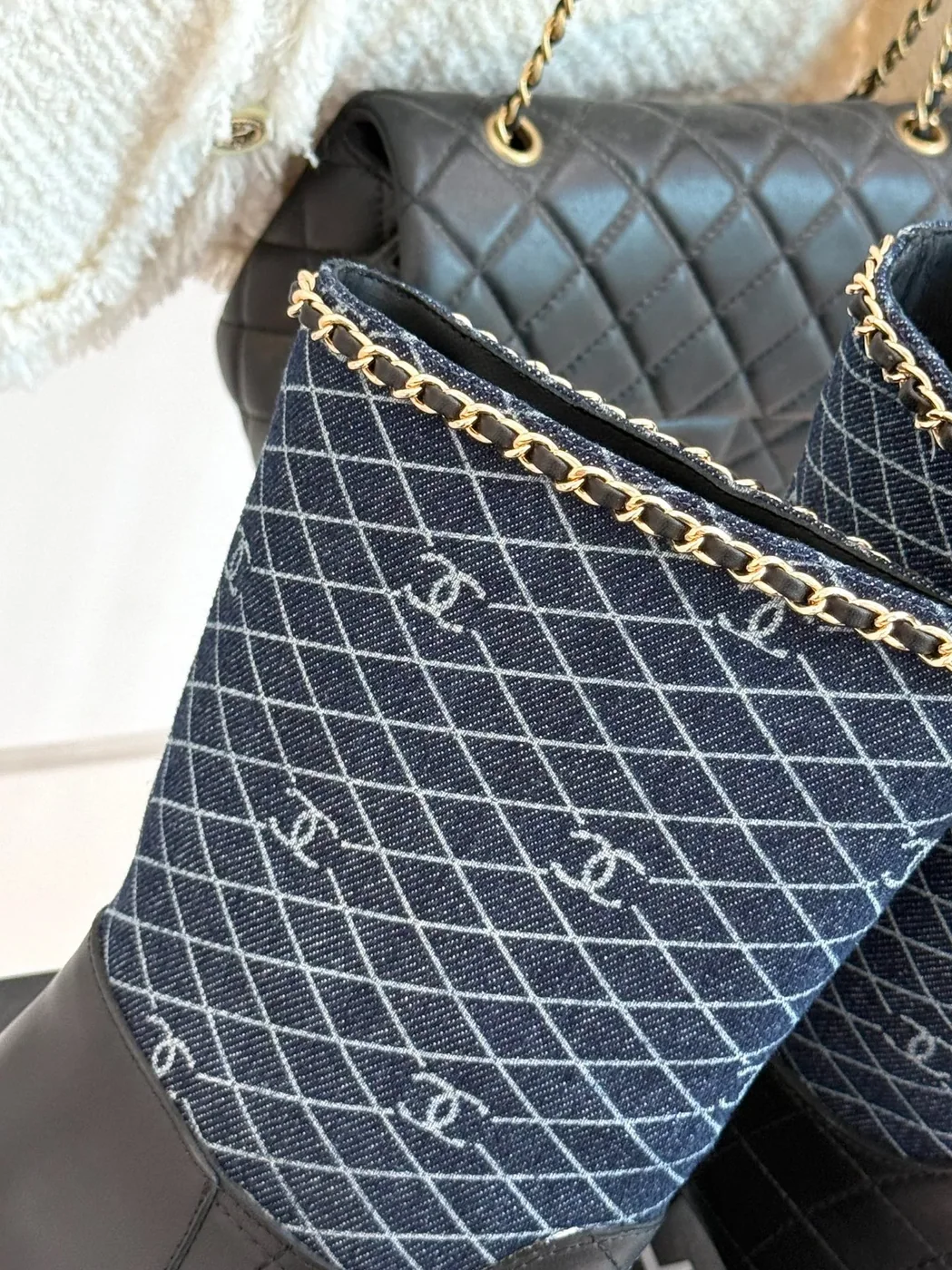 Chanel Double C Chunky Heel Boots With Chain Detail Blue Denim Chanel Double C Chunky Heel Boots With Chain Detail Blue Denim