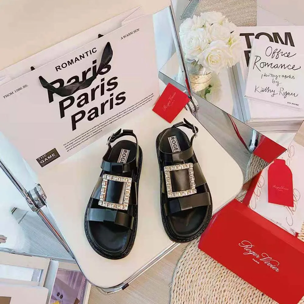 Roger Vivier Viv' Rangers Strass Buckle Sandals in Leather for Women in Black Roger Vivier Viv' Rangers Strass Buckle Sandals in Leather for Women in Black