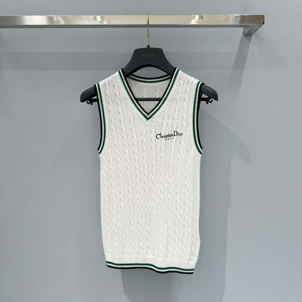 Dior Vibe Sweater Vest Ecru Black and Pine Green Cotton and Silk Cable Knit for Women Dior Vibe Sweater Vest Ecru Black and Pine Green Cotton and Silk Cable Knit for Women