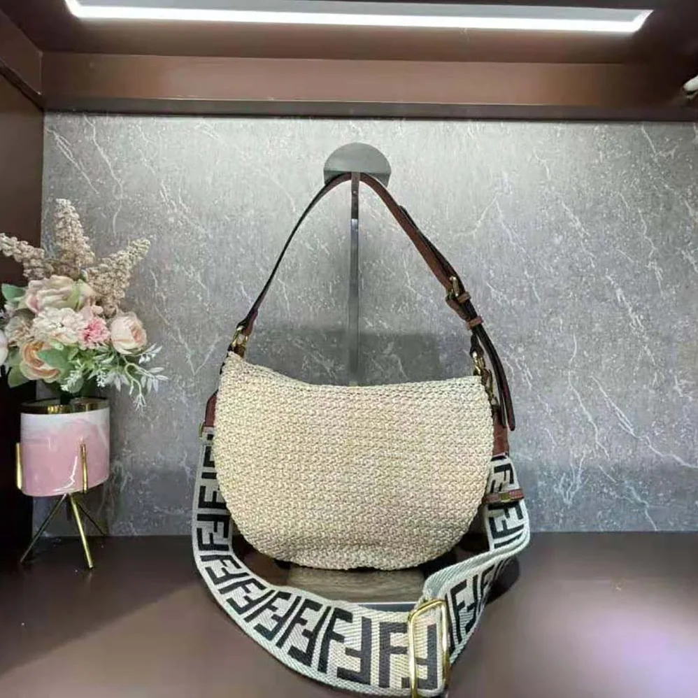 Fendi Small Croissant Woven Straw Bag for Women in Beige