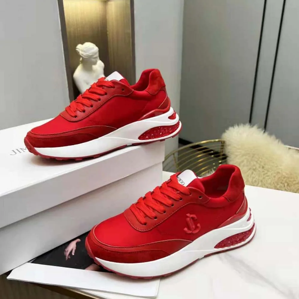 Jimmy Choo Memphis Lace UP/F Red Neoprene and Leather Low Top Trainers for Women Jimmy Choo Memphis Lace UP/F Red Neoprene and Leather Low Top Trainers for Women