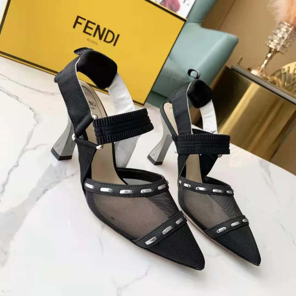 Fendi Colibri Black Mesh High-Heel Slingbacks with Metal Stitches for Women Fendi Colibri Black Mesh High-Heel Slingbacks with Metal Stitches for Women
