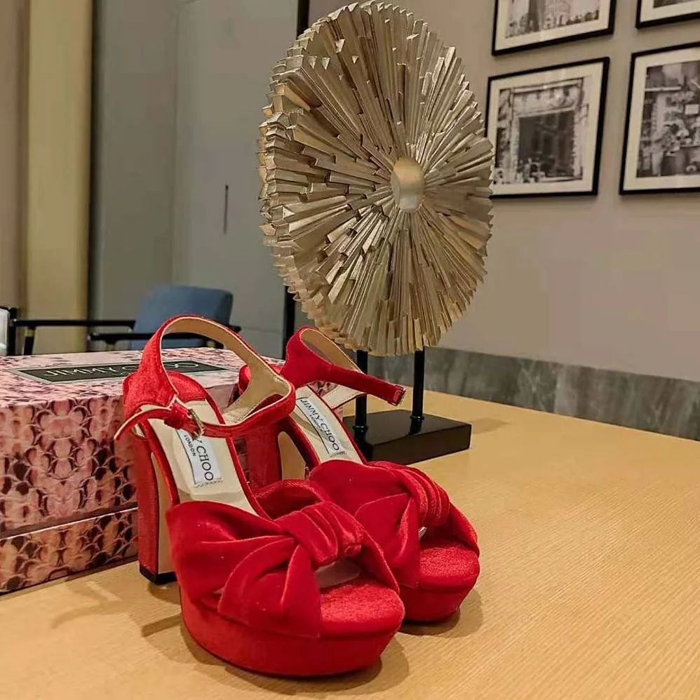 Jimmy Choo Heloise 120 Red Velvet Platform Sandals for Women