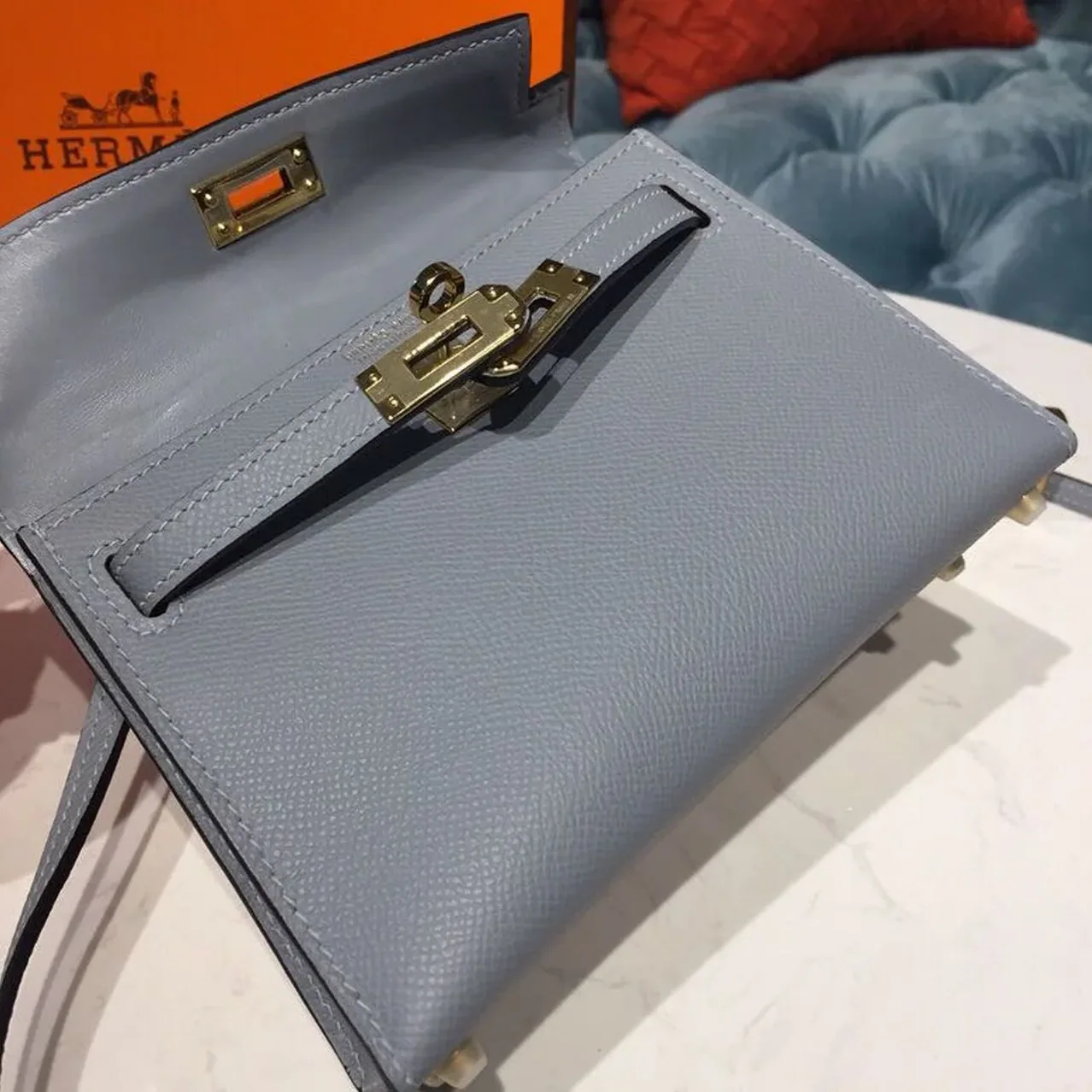 Hermes Kelly Mini Top Handle Bag in Bleu Glacier Gold Hardware