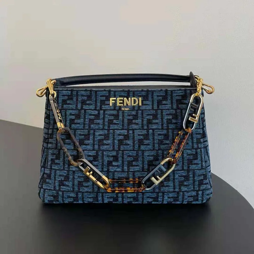 Fendi Fendi O'Lock Zipper Dark Blue Tapestry Fabric Bag for Women Fendi Fendi O'Lock Zipper Dark Blue Tapestry Fabric Bag for Women