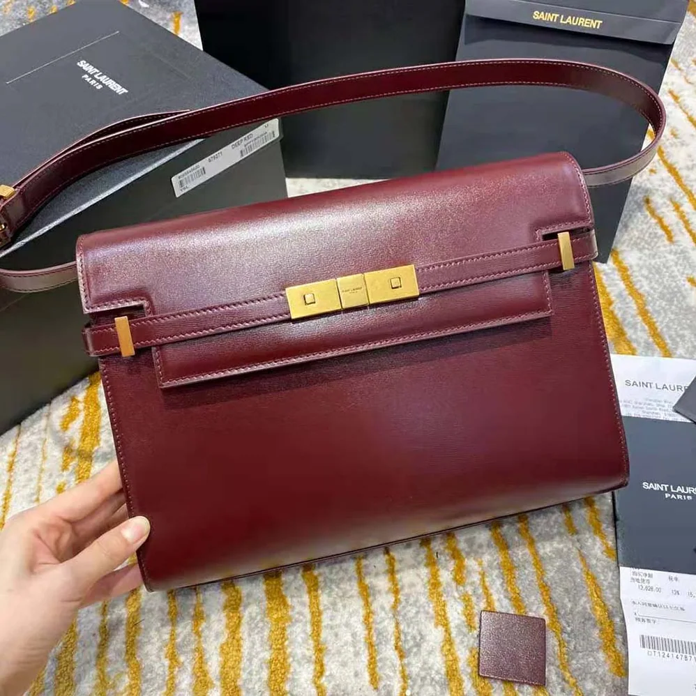 Saint Laurent YSL Manhattan Shoulder Bag in Smooth Leather for Women in Maroon