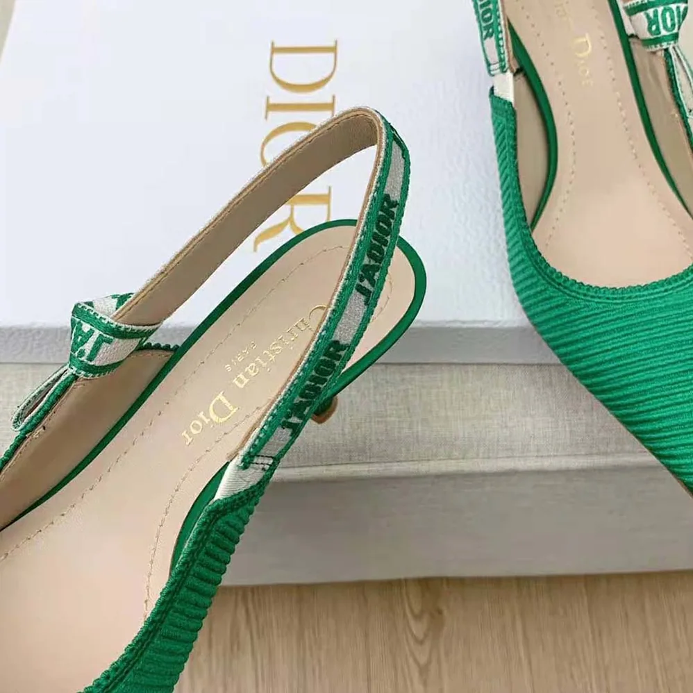 Dior J Adior Slingback Pump Green Cotton Embroidery for Women