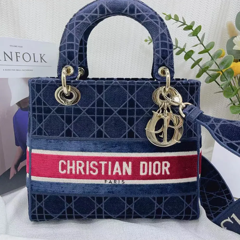 Dior Medium Lady D-lite Bag Blue Velvet Cannage Embroidery for Women Dior Medium Lady D-lite Bag Blue Velvet Cannage Embroidery for Women