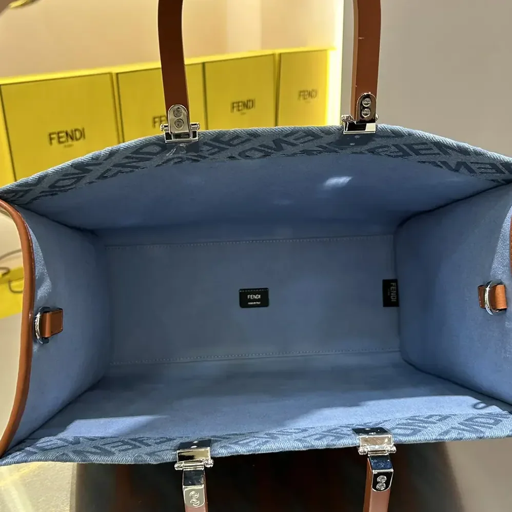 Fendi Sunshine Medium Light Blue Denim Shopper Bag for Women