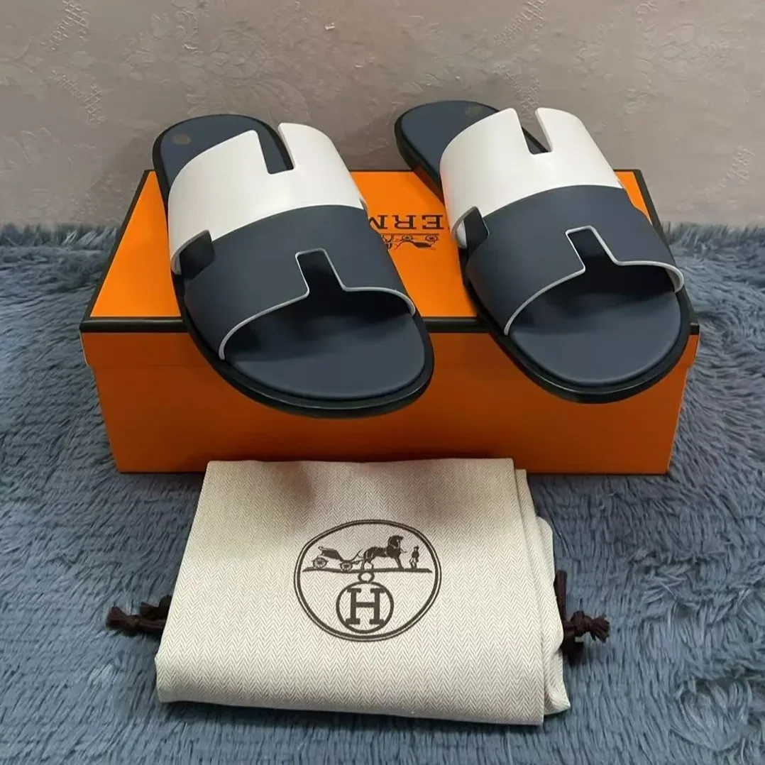 Hermes Izmir Sandals Navy Blue in White Hermes Izmir Sandals Navy Blue in White