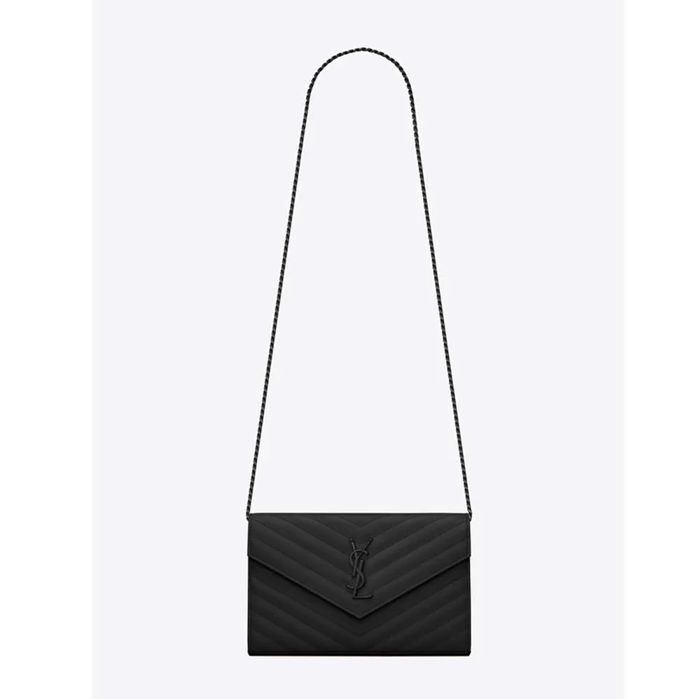Saint Laurent Monogram Chain Wallet Grain De Poudre Embossed in Black