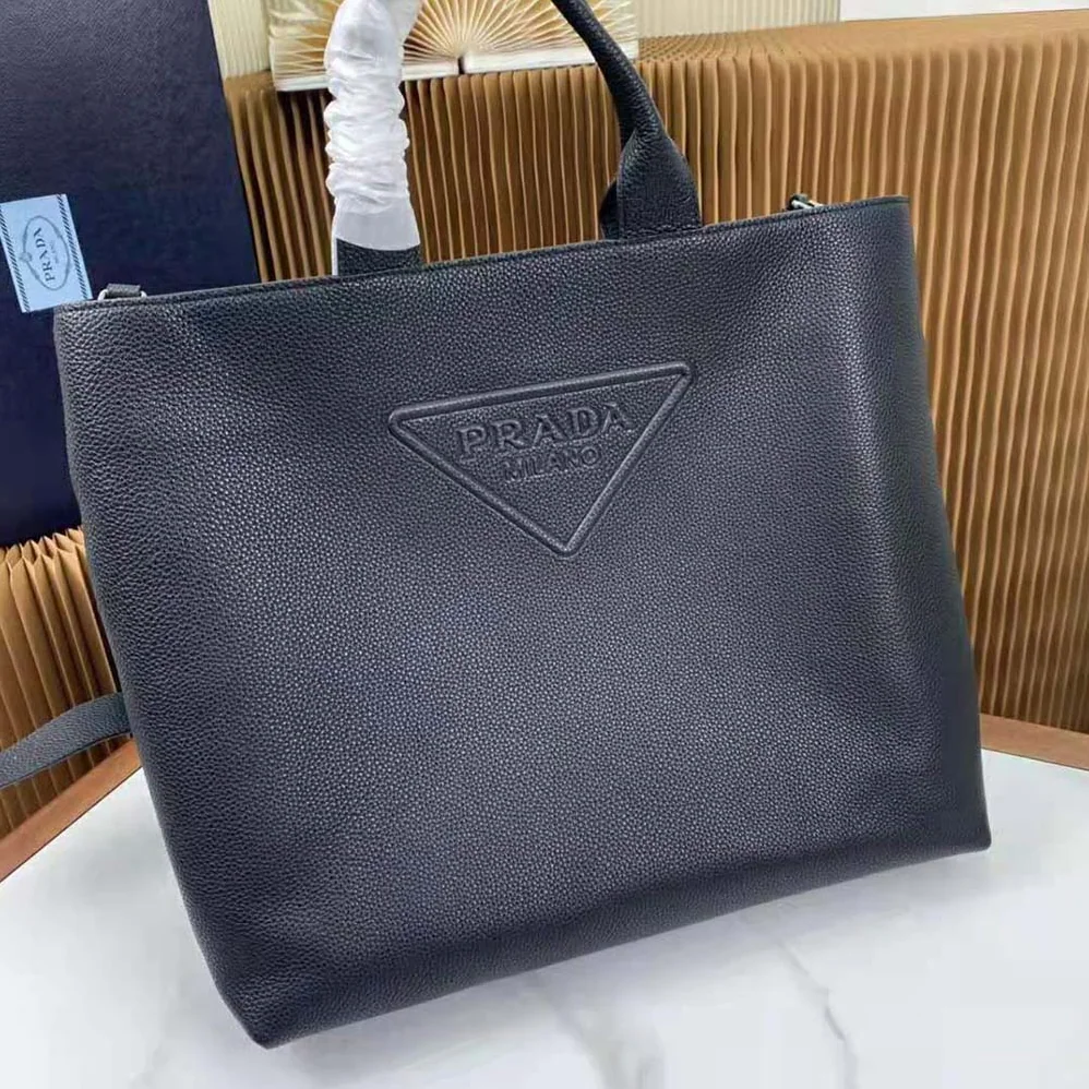 Prada Leather Tote with Enameled Metal Triangle Logo for Men in Black Prada Leather Tote with Enameled Metal Triangle Logo for Men in Black