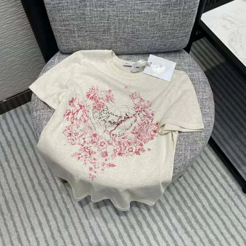Dior Dioramour T-shirt Ecru D-Royaume D Amour Cotton Jersey and Linen for Women