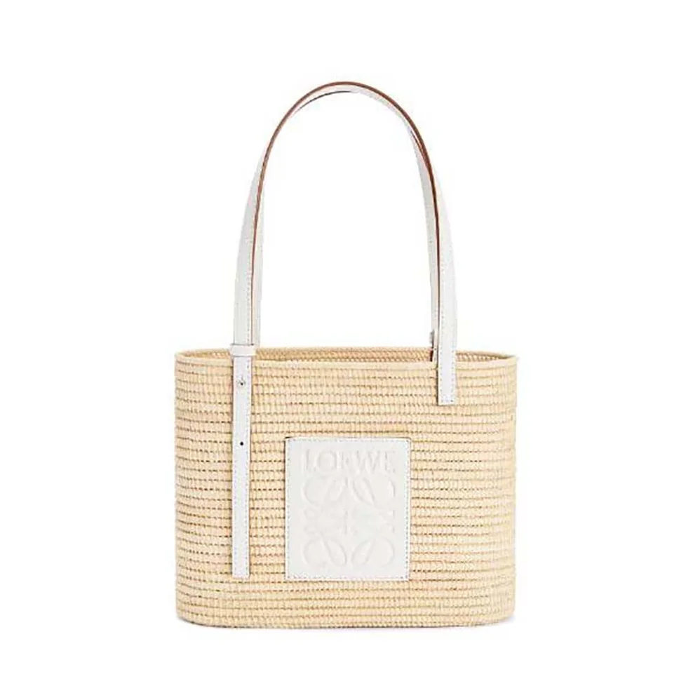 Loewe Small Square Basket Bag in Raffia and Calfskin for Women in White