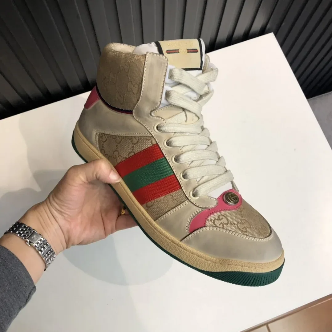 Gucci Screener GG Distressed High Top Off for Men in White Pink Gucci Screener GG Distressed High Top Off for Men in White Pink
