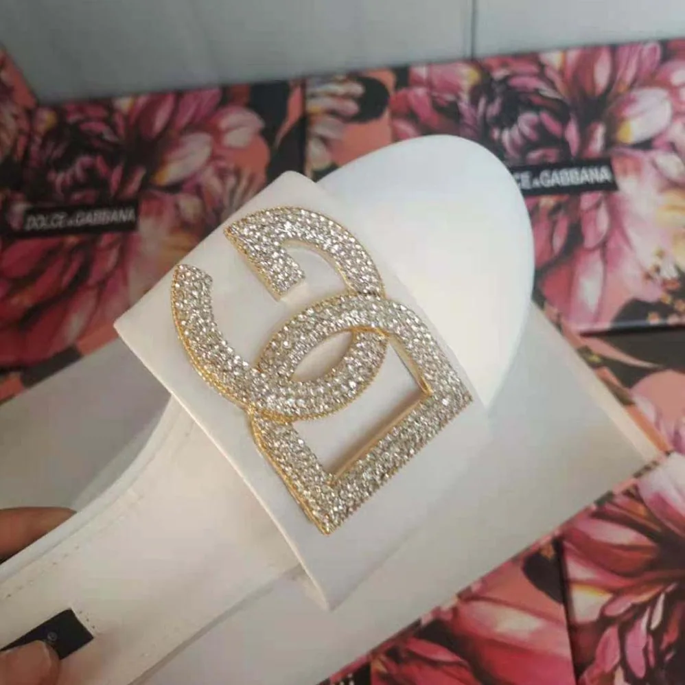 Dolce Gabbana D&G Calfskin Slides with DG Logo for Women in White