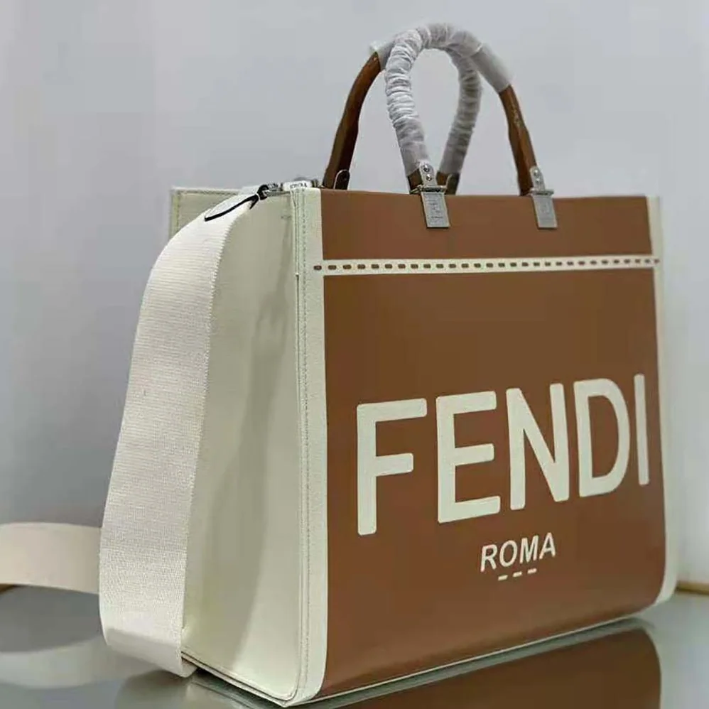 Fendi Sunshine Medium Canvas and Brown Patent Leather Shopper Bag for Women Fendi Sunshine Medium Canvas and Brown Patent Leather Shopper Bag for Women
