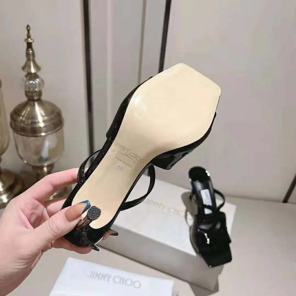 Jimmy Choo Anise 95 Black Patent Leather Mules for Women in Black Jimmy Choo Anise 95 Black Patent Leather Mules for Women in Black