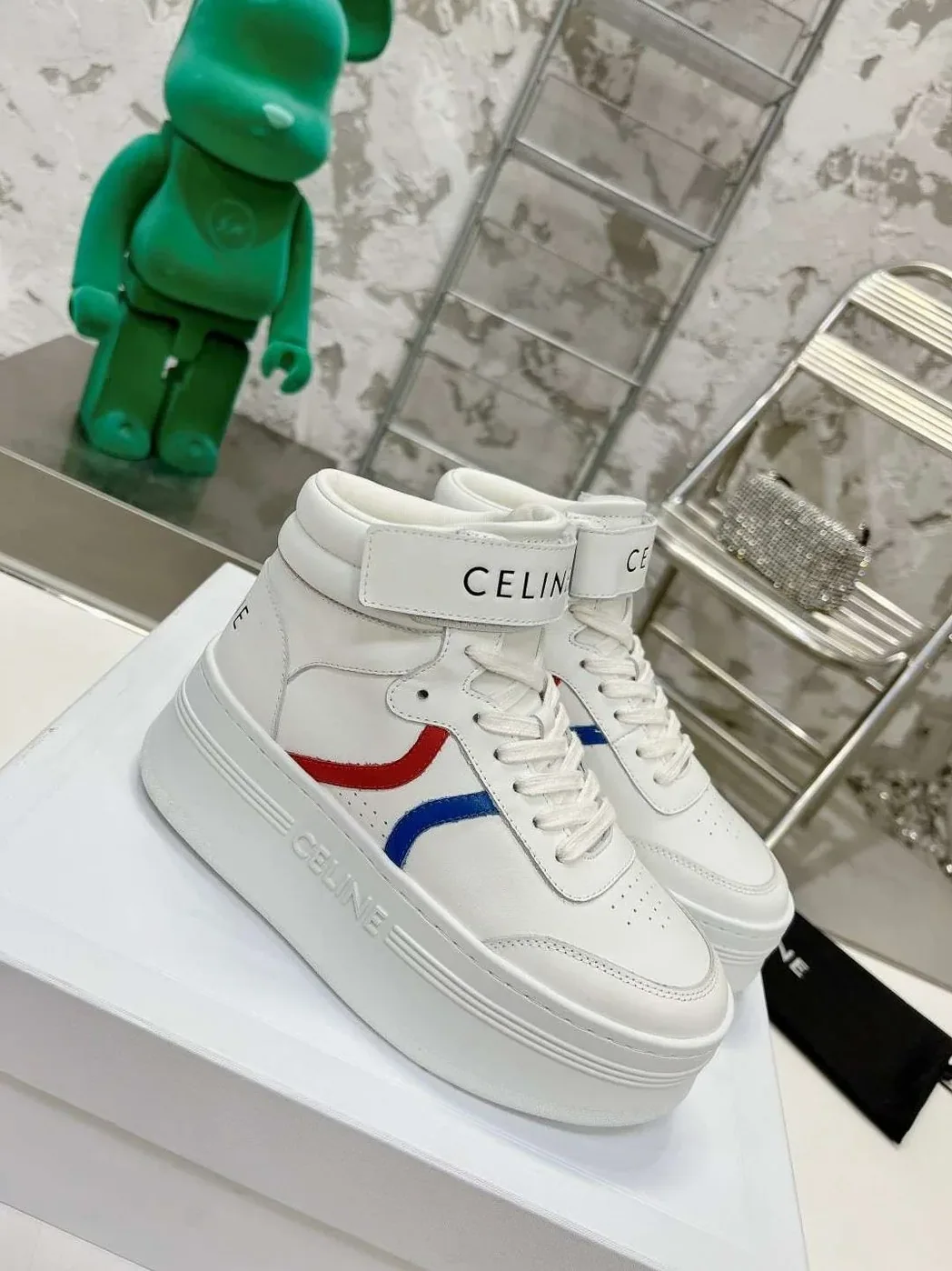 Celine Mid Block Sneakers With Velcro And Wedge White .01UR