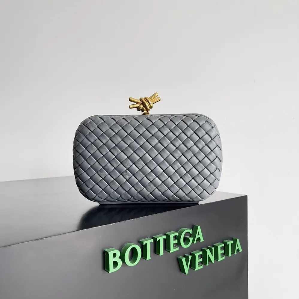Bottega Veneta Knot Minaudière Clutch in Calfskin Leather for Women in Grey Bottega Veneta Knot Minaudière Clutch in Calfskin Leather for Women in Grey