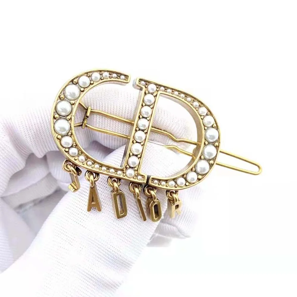 Dior 30 Montaigne Barrette Antique Gold-Finish Metal and White Resin Pearls for Women