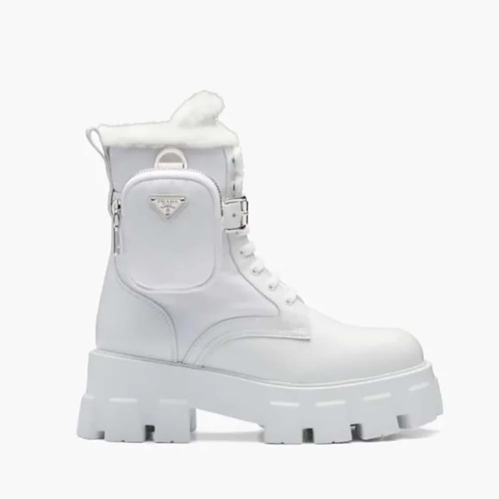 Prada Monolith Leather and Nylon Biker Boots for Women in White