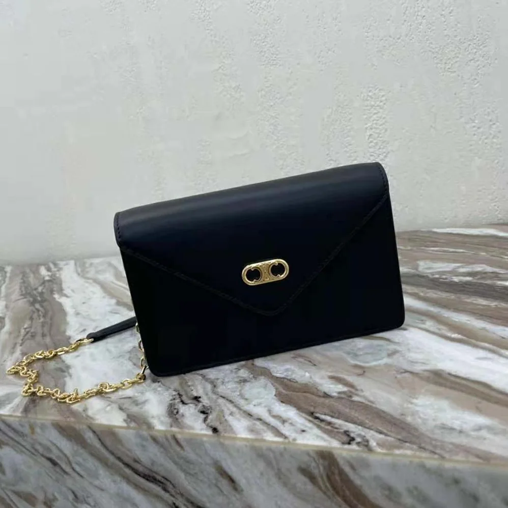 Celine Maillon Triomphe Wallet on Chain in Shiny Calfskin for Women in Black
