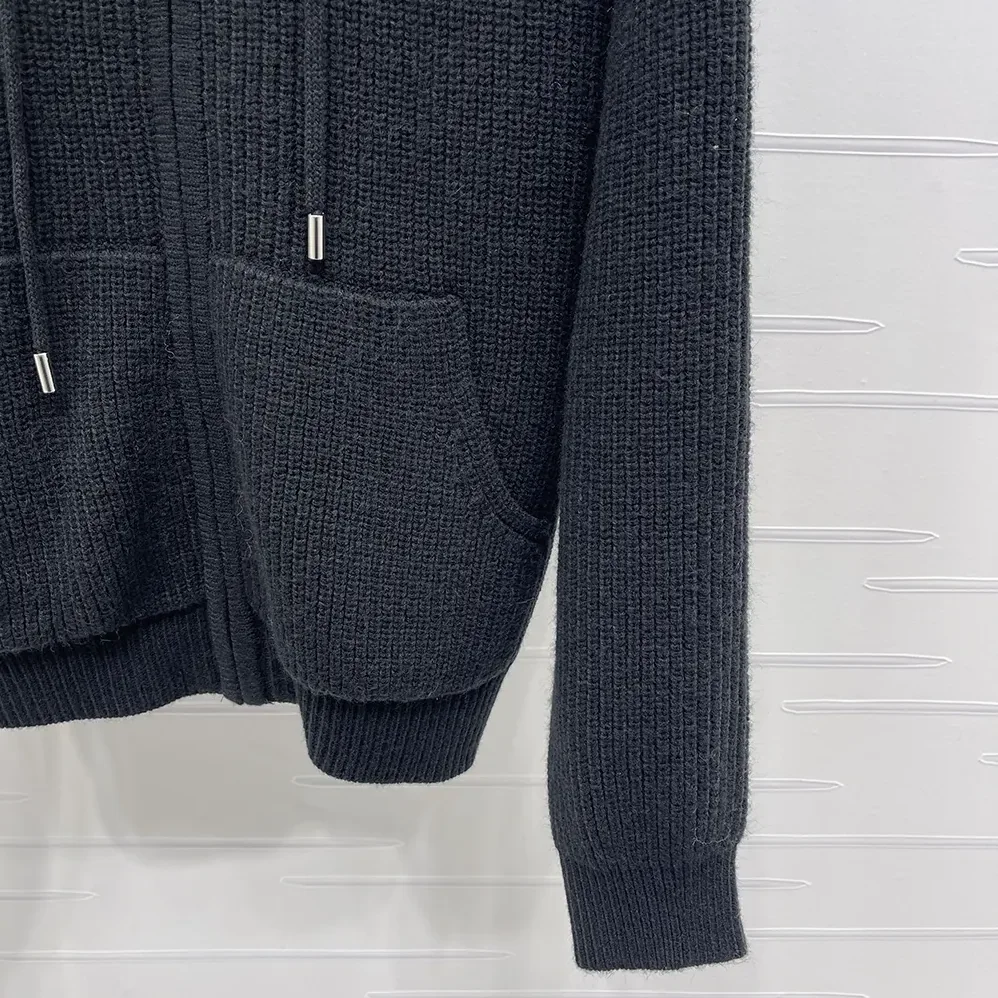 Celine Hooded Cardigan in Ribbed Wool for Women in Black