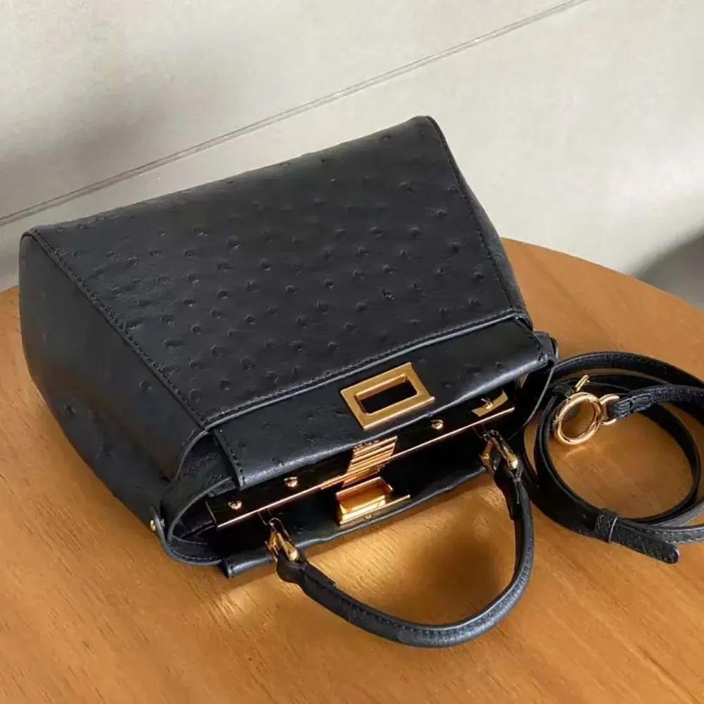 Fendi Peekaboo Iconic Mini Black Ostrich Leather Bag for Women