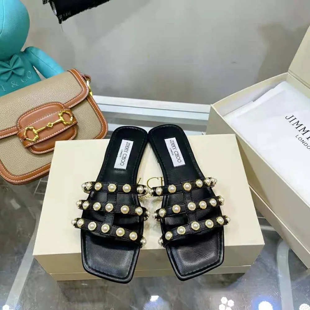 Jimmy Choo Hazal Flat Black Nappa Caged Flats with Pearl Studs for Women