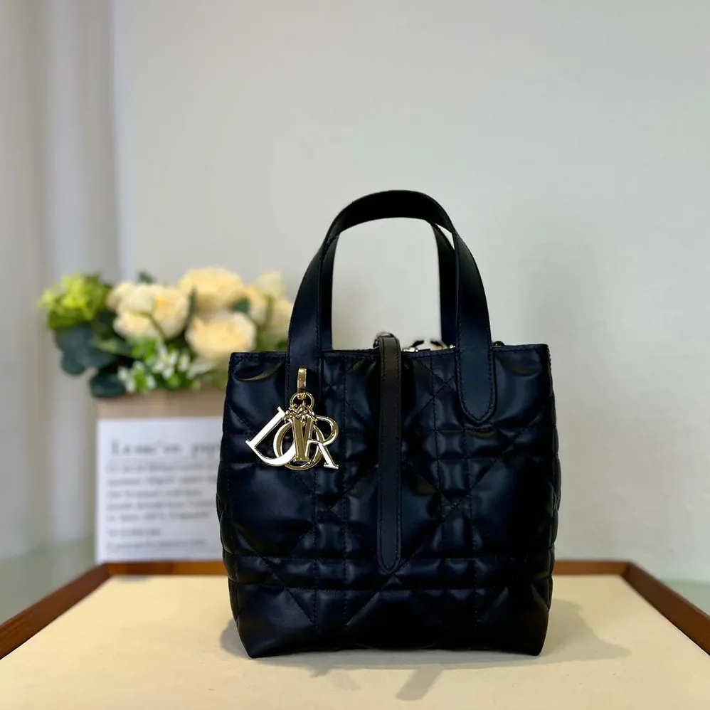 Dior Small Dior Toujours Vertical Tote Bag Black Macrocannage Calfskin for Women