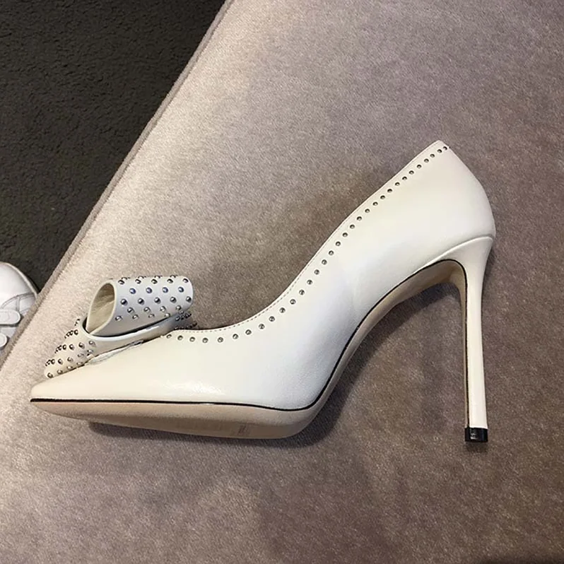 Jimmy Choo Tegan 100 Kid Leather with Studded Bow Detailing Shoes White for Women Jimmy Choo Tegan 100 Kid Leather with Studded Bow Detailing Shoes White for Women